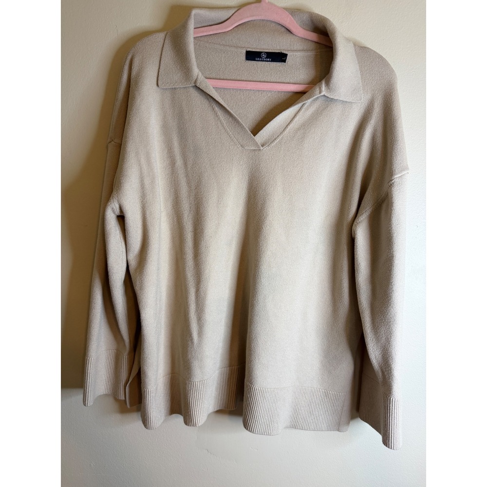 Lillusory Womens L Cream V Neck Collared Polo Sweater Ribbed Knit Preppy